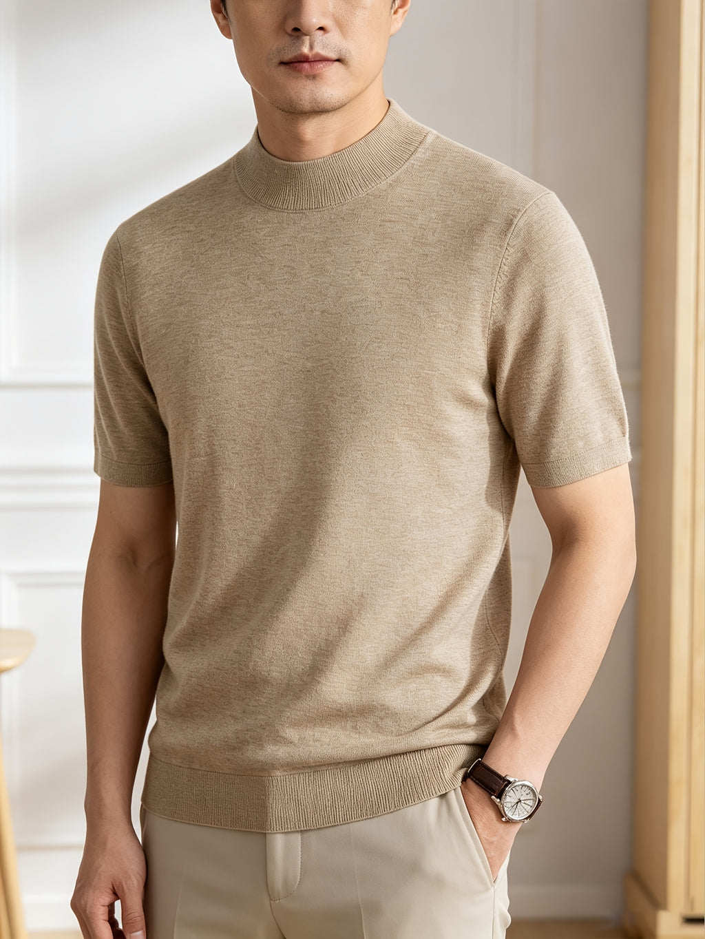 Men'S Solid Mock Neck Short Sleeve Knit Sweater, Soft Skin-Friendly Wool Blend Pullover, Stretch Slim Fit Basic Knit Top, Rib Neck Cuff, Business Commute Daily Casual Shirt, Versatile Inner And Outer Wear Men Base Layer - Camel