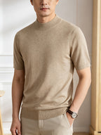 Men'S Solid Mock Neck Short Sleeve Knit Sweater, Soft Skin-Friendly Wool Blend Pullover, Stretch Slim Fit Basic Knit Top, Rib Neck Cuff, Business Commute Daily Casual Shirt, Versatile Inner And Outer Wear Men Base Layer - Camel