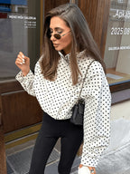 Women's Casual Polka Dot Long-Sleeve Loose Coat, Fashion Stand Collar Zip-Up Cardigan Autumn Top - White Dots