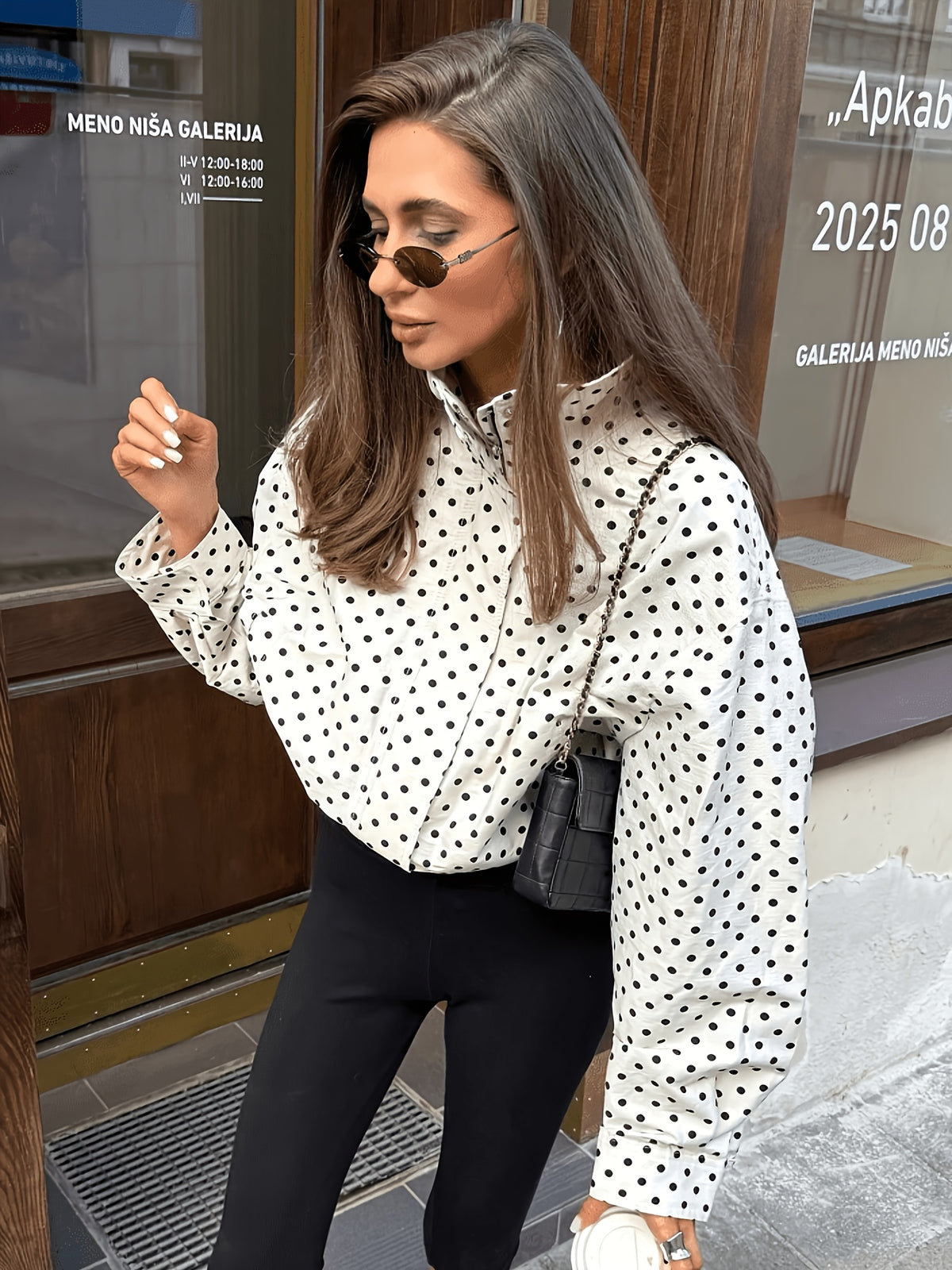 Women's Casual Polka Dot Long-Sleeve Loose Coat, Fashion Stand Collar Zip-Up Cardigan Autumn Top - White Dots