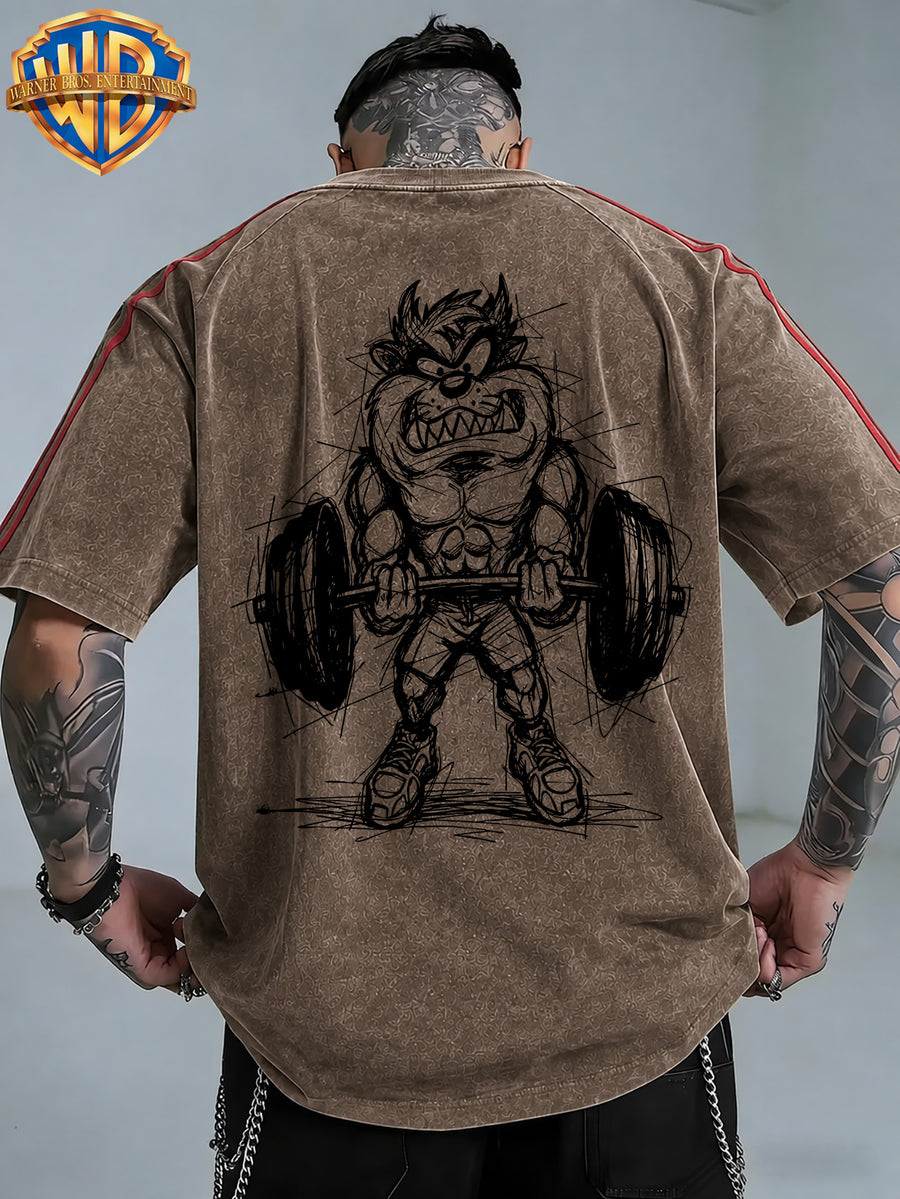 WB Warner Bros. Official License, American Hardcore Sports Hand-Drawn, Muscular Big Mouth Monster Street Fitness Style Atmospheric Outfit T-Shirt, Men'S Loose Retro Street Casual Short Sleeve Top - Coffee Color