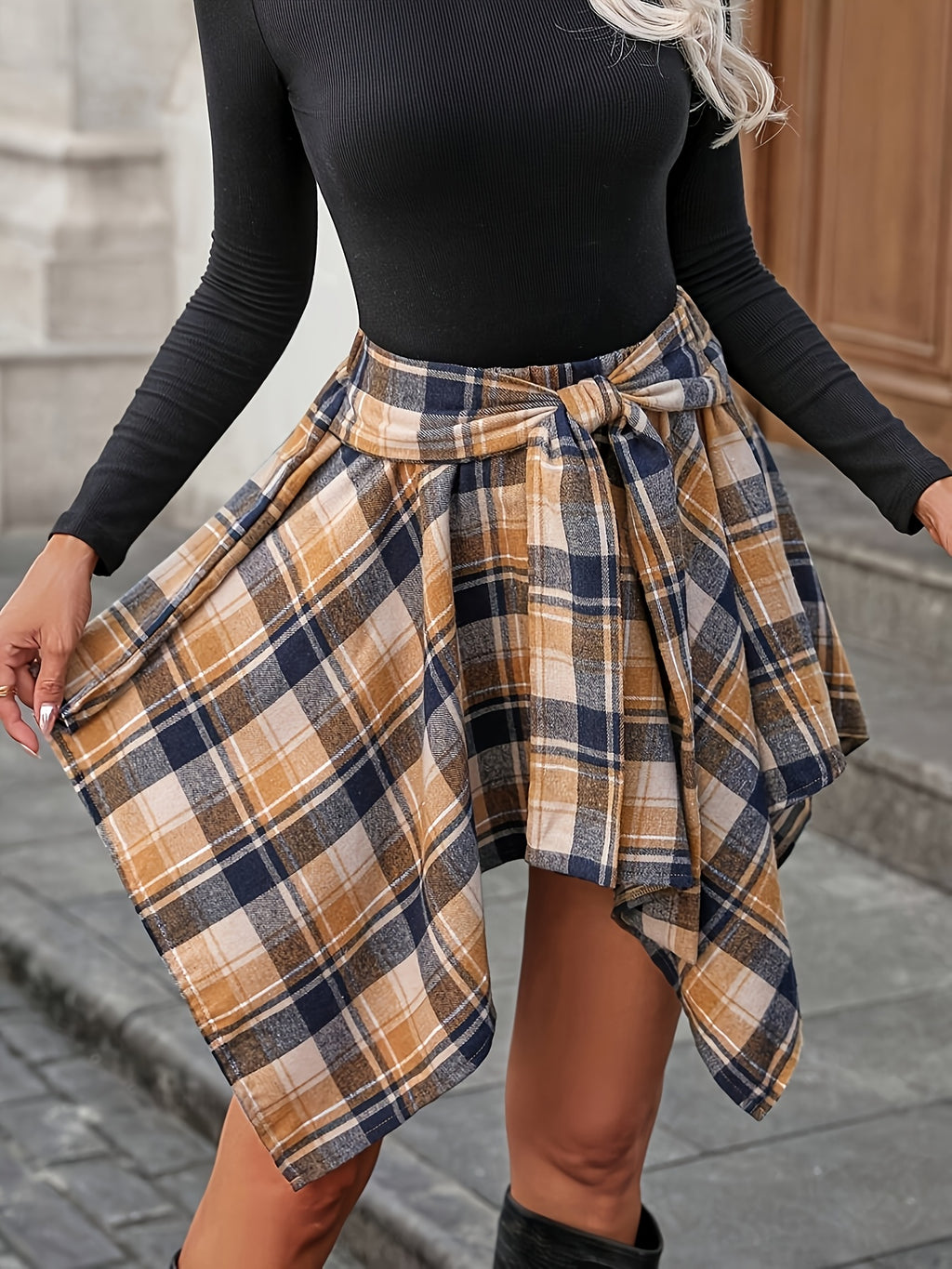 Women's Asymmetrical Plaid Lace-Up Skirt - Yellow