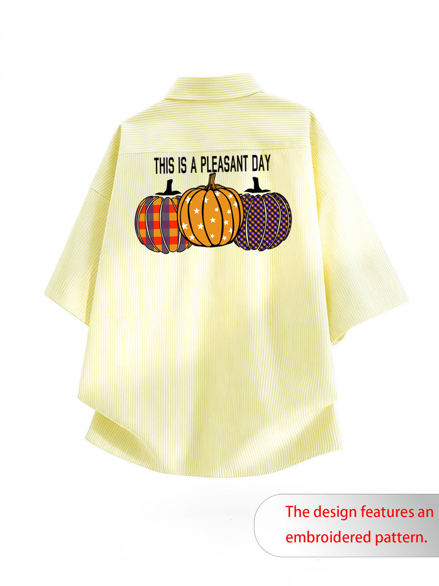 Summer Thin Fashion New Easy Fun Cartoon Back Print Lapel Short Sleeve Striped Loose Casual Shirt - Yellow