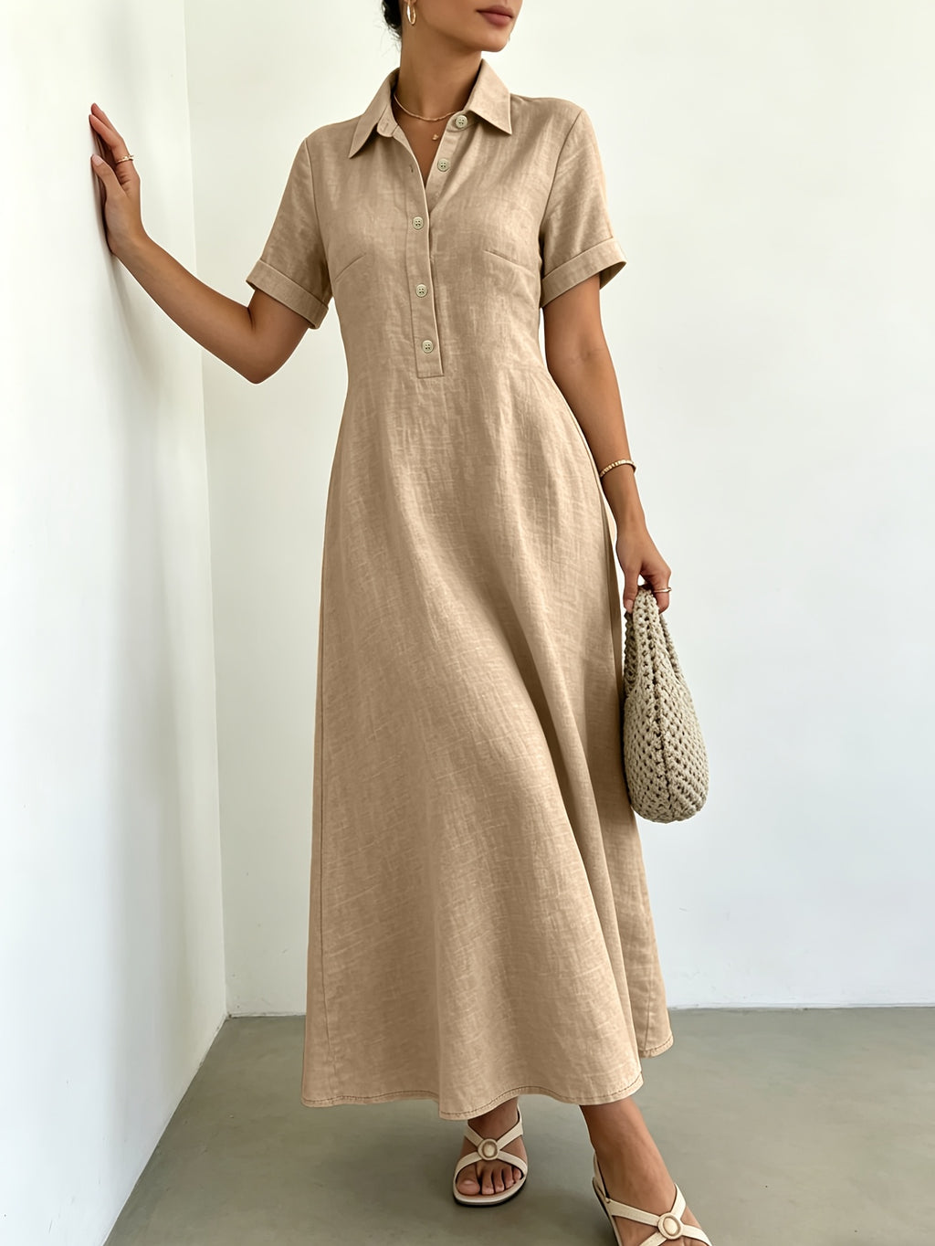 Women's Blended Fabric Shirt Dress with Lapel Collar, Half-Button Short Sleeves, A-Line Midi Length, Summer Casual Light Business Commuter Dress - Khaki