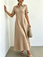 Women's Blended Fabric Shirt Dress with Lapel Collar, Half-Button Short Sleeves, A-Line Midi Length, Summer Casual Light Business Commuter Dress - Khaki