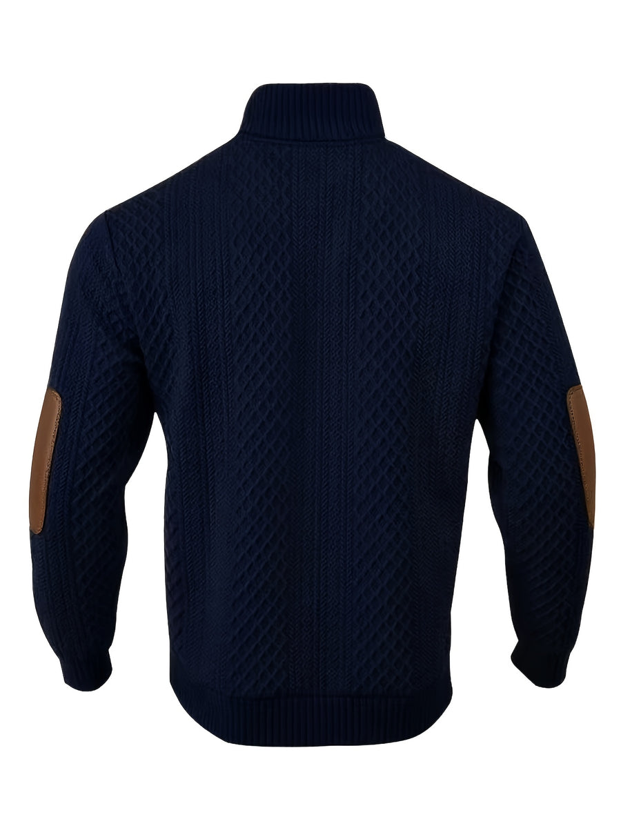 Men'S Casual Sports Sweater, Knit Sweater, American Casual Textured Diamond Knit Top, Men'S Stand Collar Contrast Color Button-Up Loose All-Match Retro Velvet Sweater Jacket, Autumn Winter Casual Sweater, Multi-Color Available - Navy Color