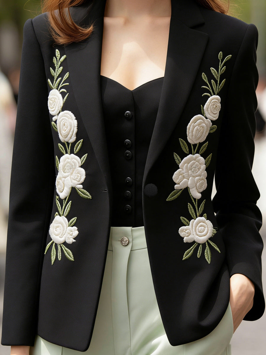 Women White Notched Lapel Blazer Elegant Floral Embroidery Slim Suit Jacket Elegant White Tailored Blazer Green Leaf Butterfly Embroidery Single Button Outerwear Vintage Floral Butterfly Embroidery White Blazer Ladies Formal Office Suit Jacket - Black