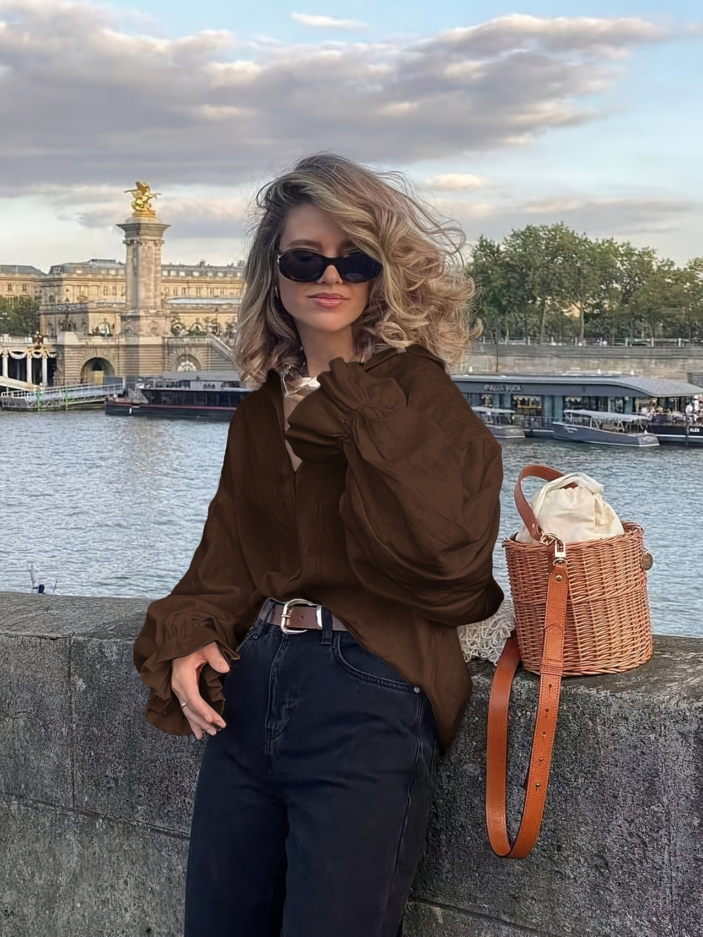Women'S Lapel Shirt, Loose Puff Sleeve Blouse, Casual Long Sleeve Top, French Style Elegant Women'S Shirt - Olive Brown