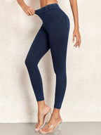 Women's Fashionable High-Waist Casual Outing Jeans, High-Stretch 300g Twill Fabric, Outer Pocket Washed Denim Leggings, Versatile and Elegant Slim-Fit Jeans for Daily Commuting - Denim Color