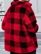 Plaid Print Patched Pockets Teddy Coat, Versatile Long Sleeve Single Breasted Winter Outwear, Women's Clothing - Red
