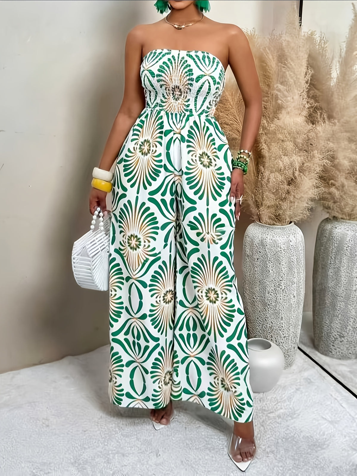 Women's Fashionable and Elegant Pattern-Printed Pleated Tube-Silhouette Wide-Leg Jumpsuit, Casual Beach Vacation Outfit, Holiday Summer Beachwear, Back-to- Outfit, Very Minimalist Outfit, Office Attire, Vintage Luxury Style, Teacher's Outfit - Mixed colors