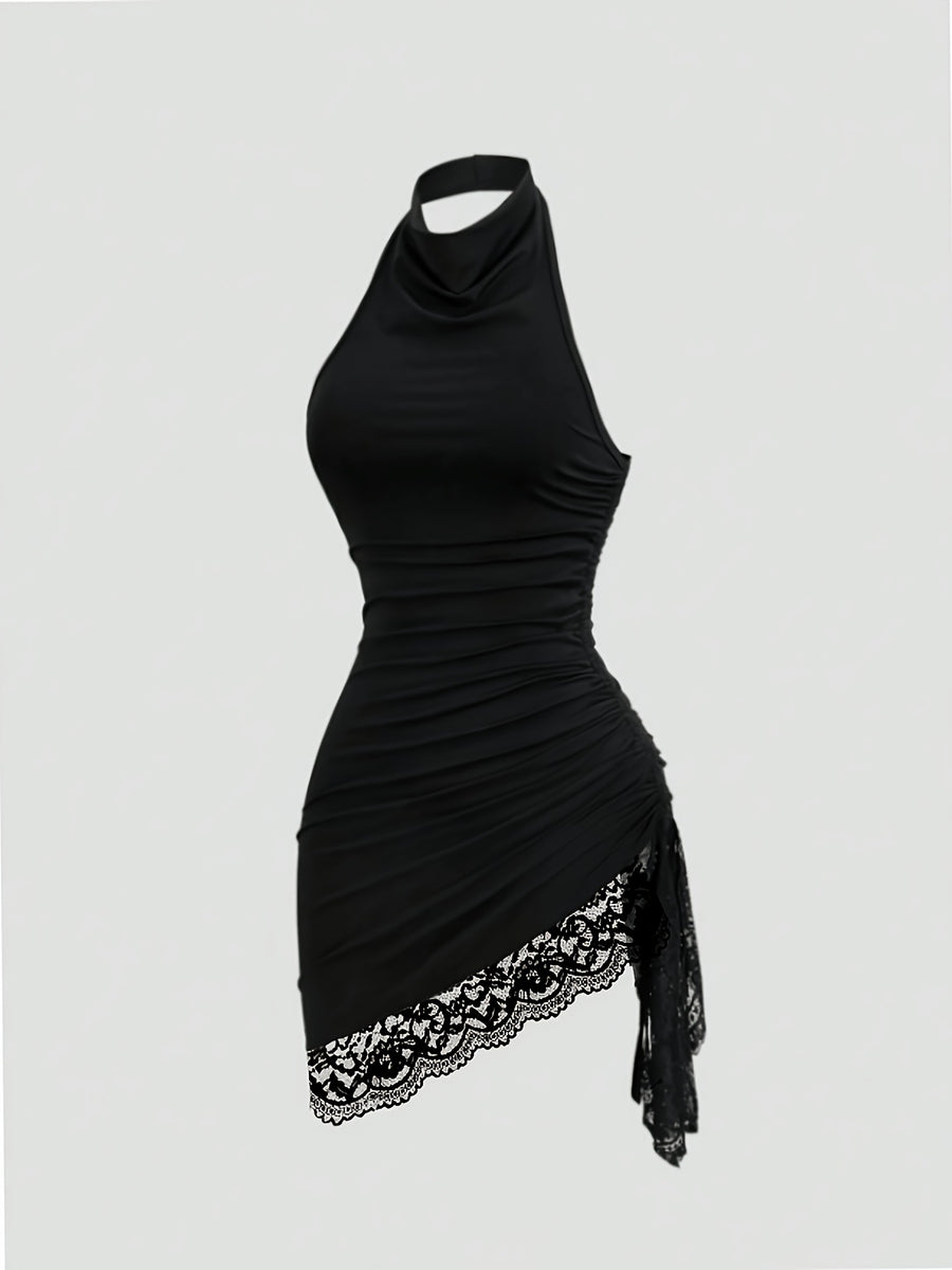 Elegant And Exquisite Halter Cowl Neck Sleeveless Bodycon Mini Dress, Fashion Side Ruched Irregular Asymmetrical Hem with Floral Lace Trim, Slim Fit Black Short Dress for Club, Party, Night Out And Daily Fashion Look - Black