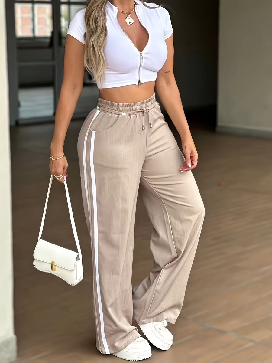 Women's Elastic High-Waist Drawstring Side Seam Drawstring Accent Casual Pants - Apricot