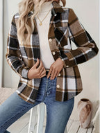 Women's Elegant Plaid Jacket, -Lined for Warmth, Button-Up Lapel with Pockets, Thick Plaid Print Casual Shirt, Layered Plaid Print Composite Casual Women's Autumn/Winter Shirt Jacket - Coffee Color