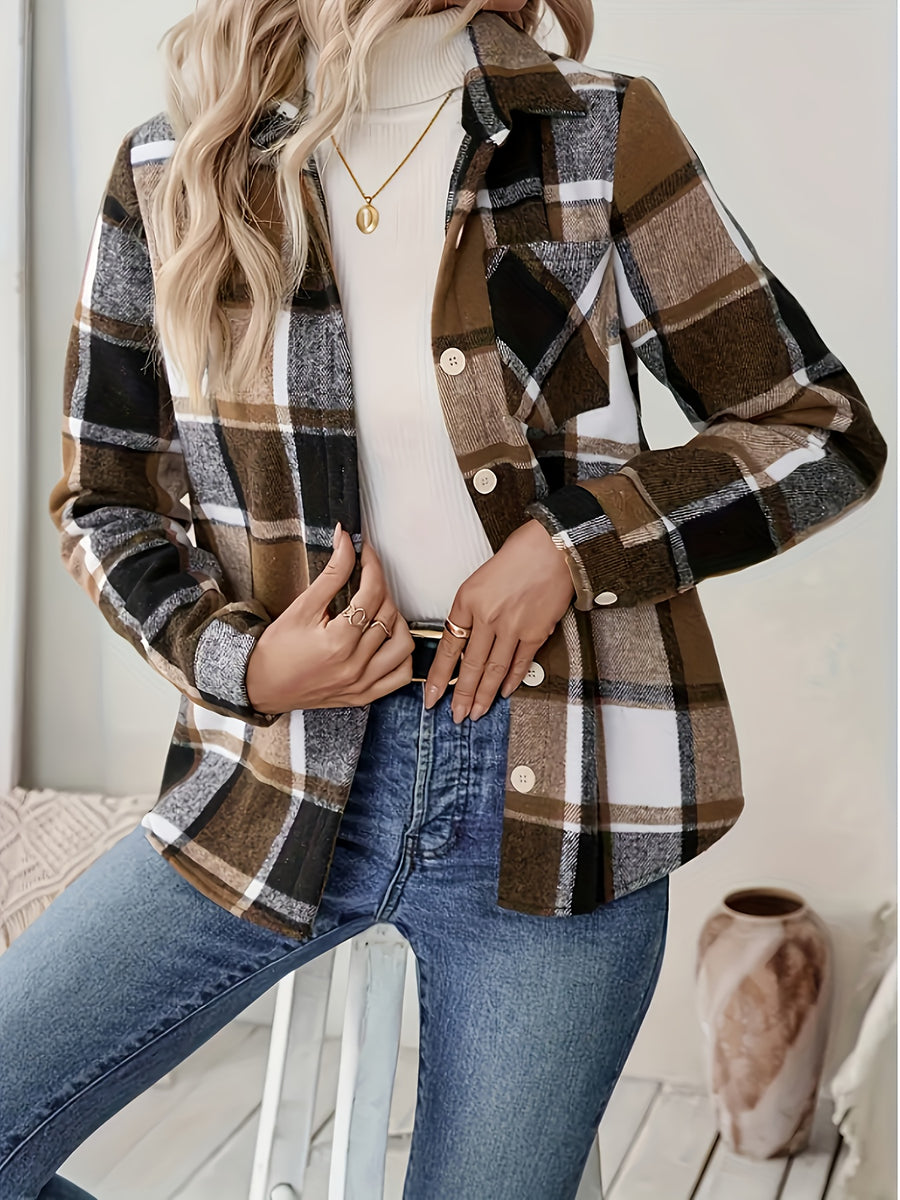 Women's Elegant Plaid Jacket, -Lined for Warmth, Button-Up Lapel with Pockets, Thick Plaid Print Casual Shirt, Layered Plaid Print Composite Casual Women's Autumn/Winter Shirt Jacket - Coffee Color