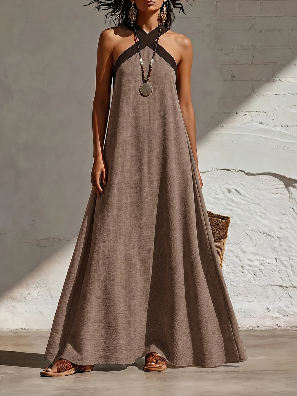 Elegant and Fashionable Women's Faux - Long Maxi Dress with Contrasting Colorblocking and A-line Hem, Featuring Crisscross Spaghetti Straps. Comfortable for Casual Outings, Vacations, Dates, and Romantic Beachwear, This Off-shoulder and Backless - Gray Coffee