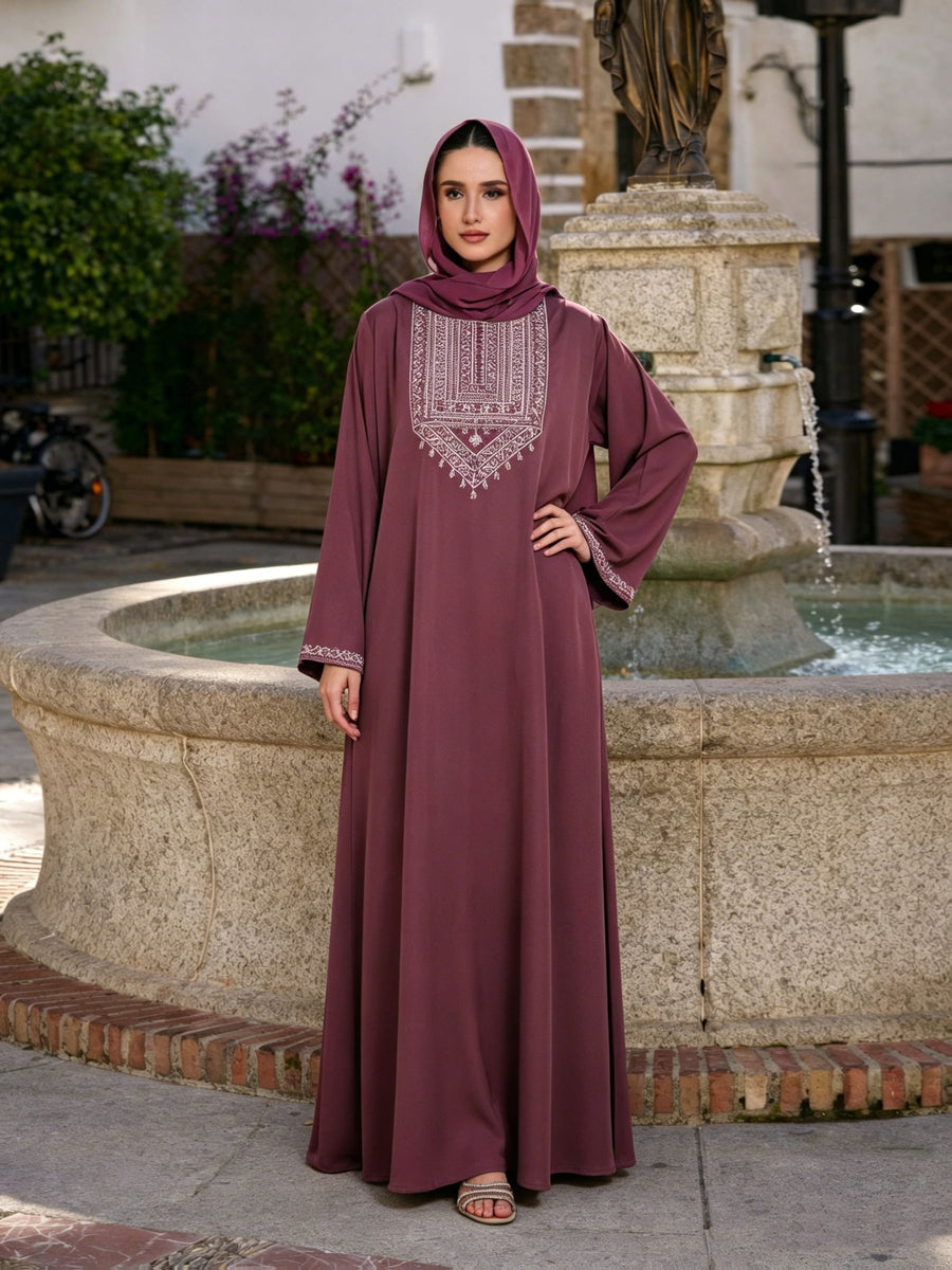Muslim Ethnic Style Intricate Embroidery Craft Round Neck Long Sleeve Elegant Casual Long Dress Abaya (Headscarf Not Included) - The color of rouge