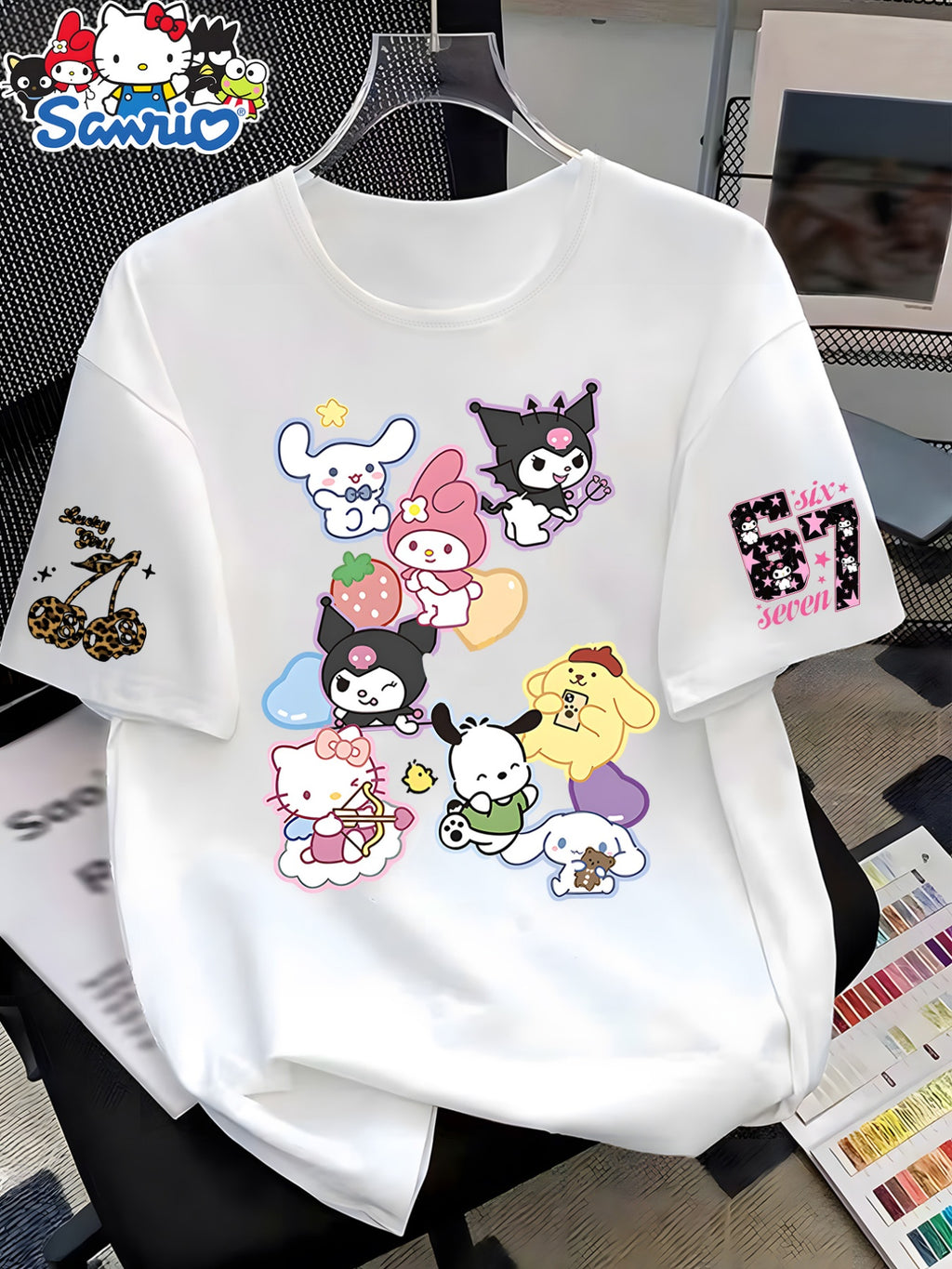 New Summer Cross-Border European and American Women's Short-Sleeve T-Shirt, Cute Cartoon Sanrio Co-Branded Print, Loose Fit Round Neck Short-Sleeve Casual Top, Comfortable and Stylish Swear and , Multiple Color Options, Easygoing Style - White