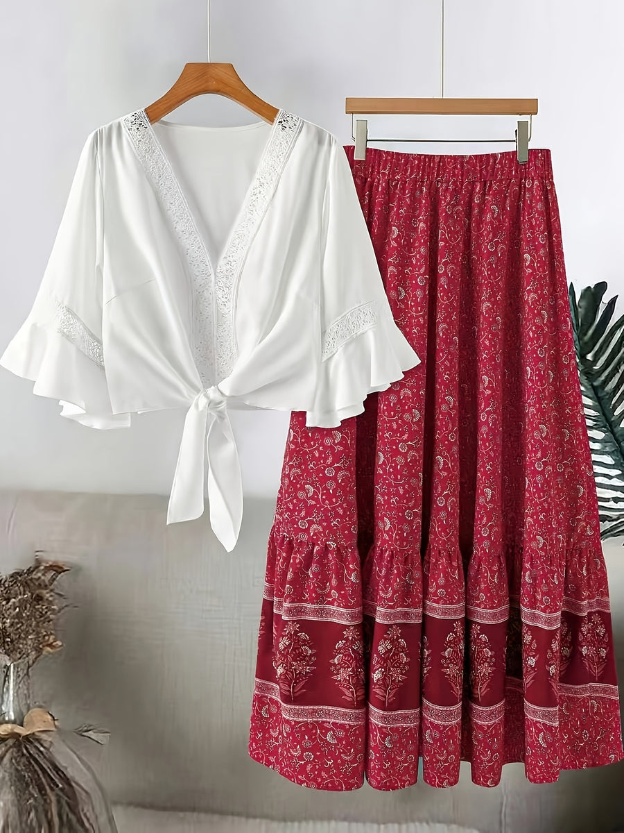 Plus Size Women'S Lace Trim Fashion Set, Suitable for Spring/Summer Vacation Casual All-Match Two-Piece Outfit - Red