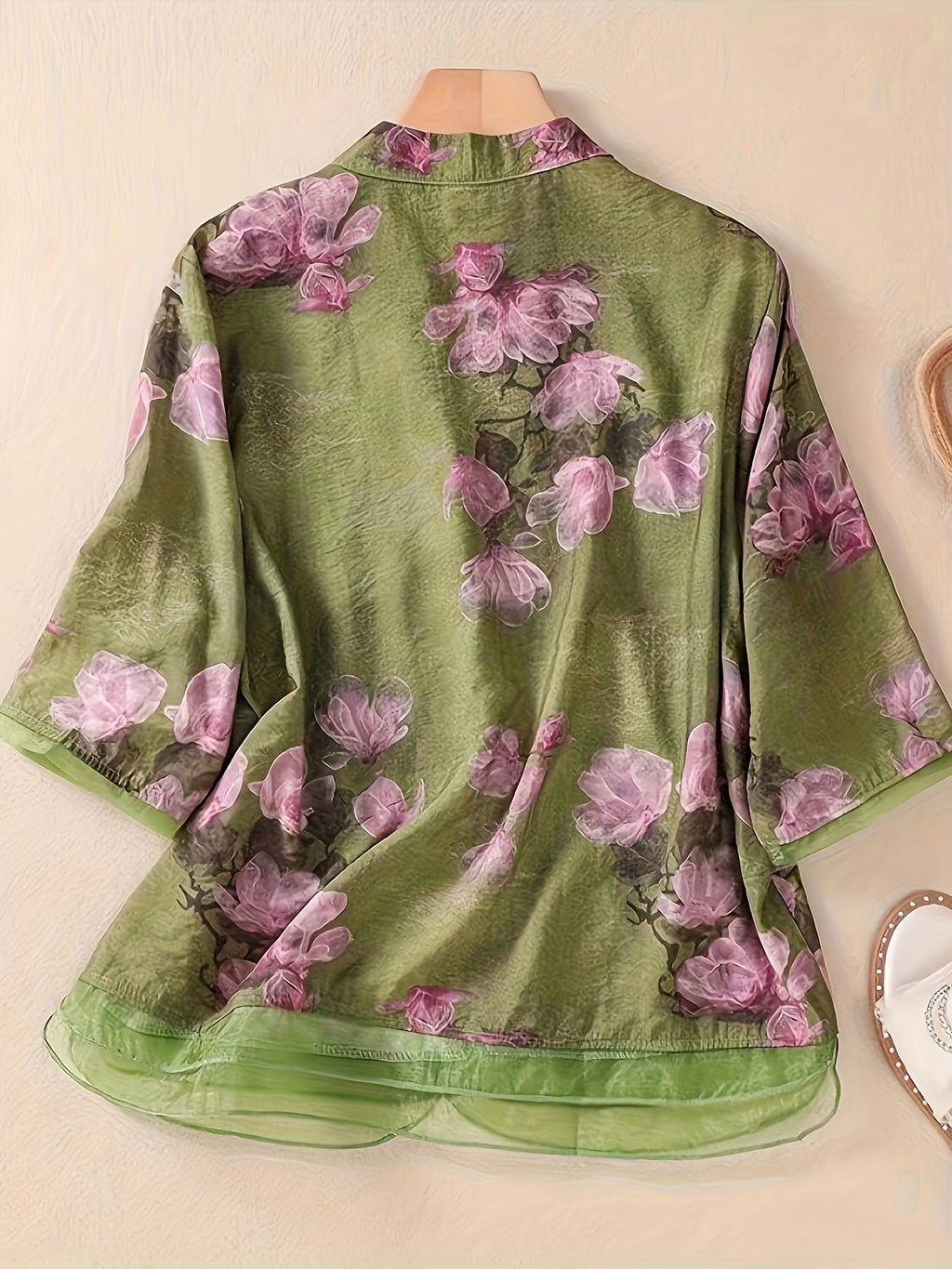 Women'S Printed Stand-Up Collar Mid-Sleeve Shirt, Spring And Summer Casual Versatile Cardigan Top - Green