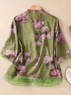 Women'S Printed Stand-Up Collar Mid-Sleeve Shirt, Spring And Summer Casual Versatile Cardigan Top - Green