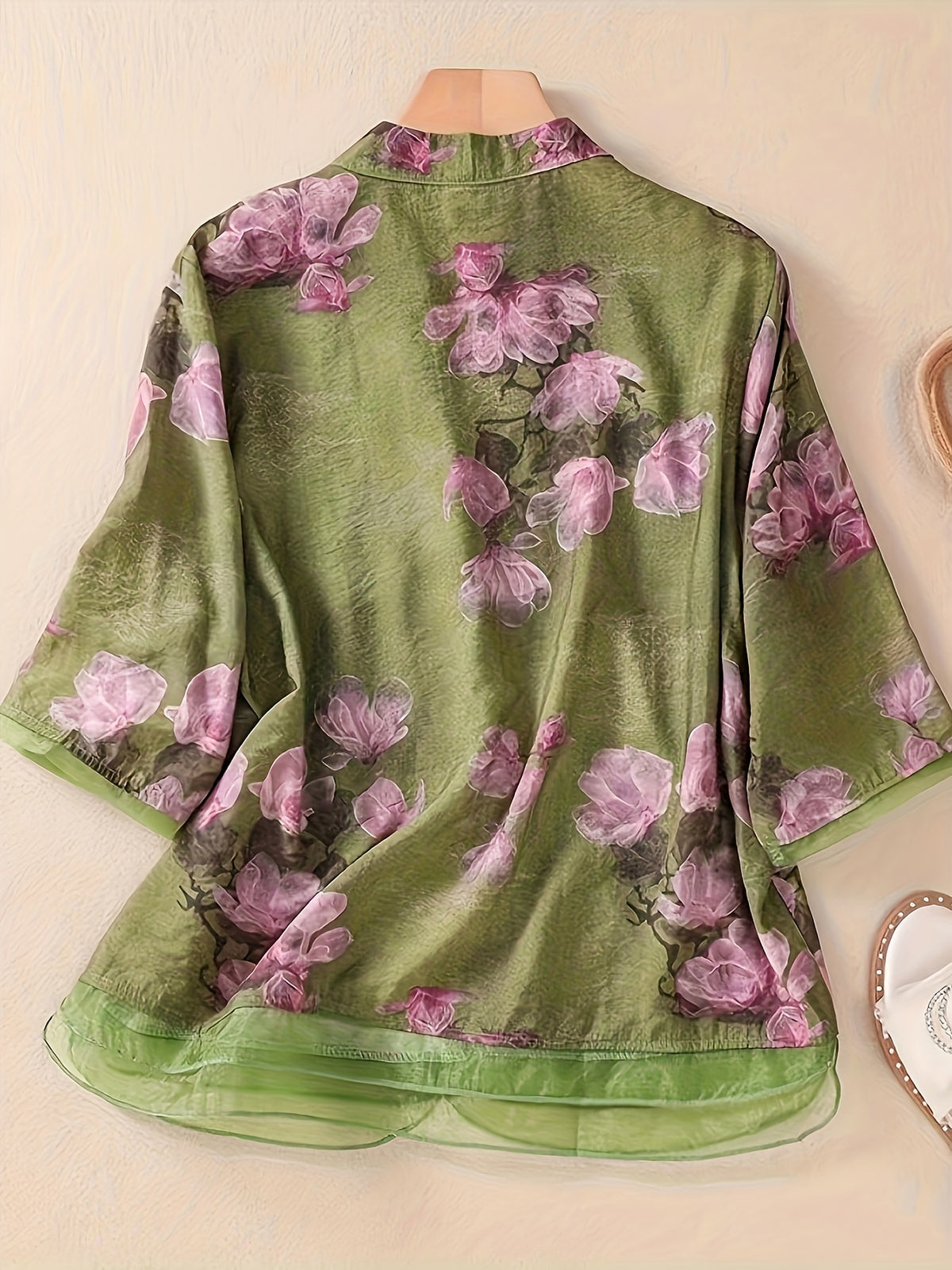 Women'S Printed Stand-Up Collar Mid-Sleeve Shirt, Spring And Summer Casual Versatile Cardigan Top - Green