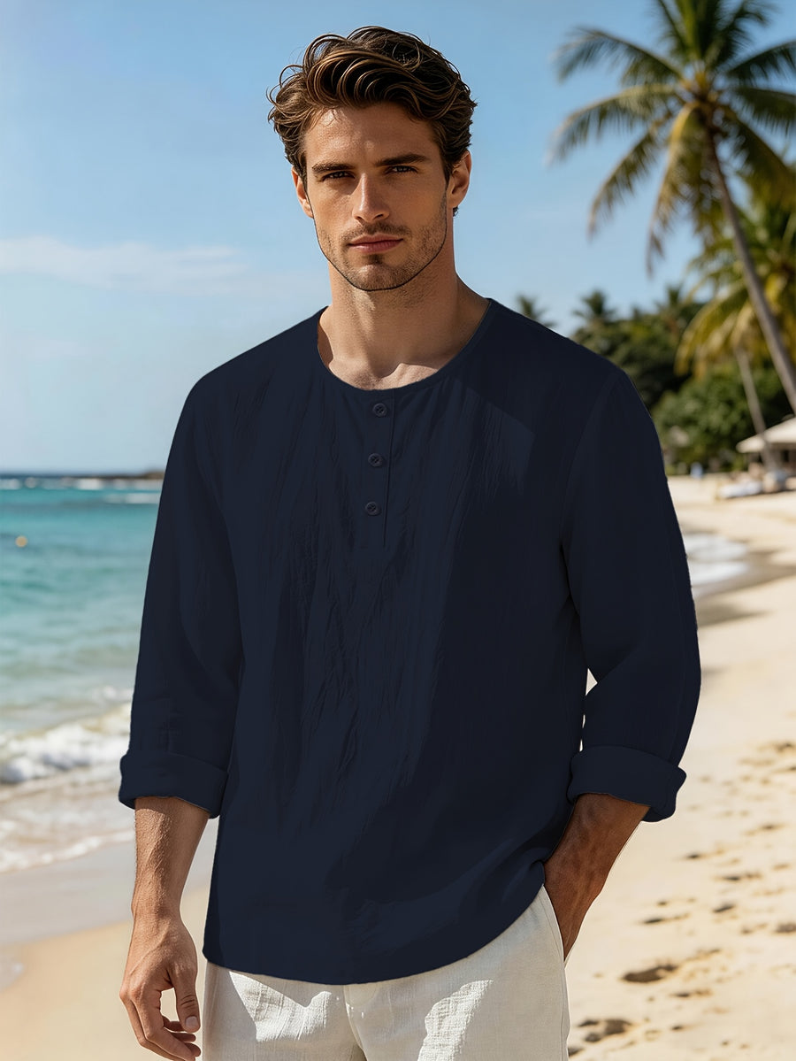 Men's Linen Henley Collar Long Sleeve Loose Fit Casual Vacation Top - Navy Color