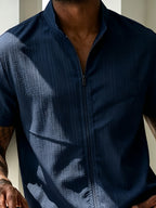Men's Lightweight Breathable Zip-Up Stand Collar Shirt - Short-Sleeve Button-Up Beach Shirt with Zipper Front, Solid Color Suitable for Pool Parties, Casual Wear & Father's Day Gifts, Machine Washable Stand Collar Button Collar Blouse Style - Navy Color