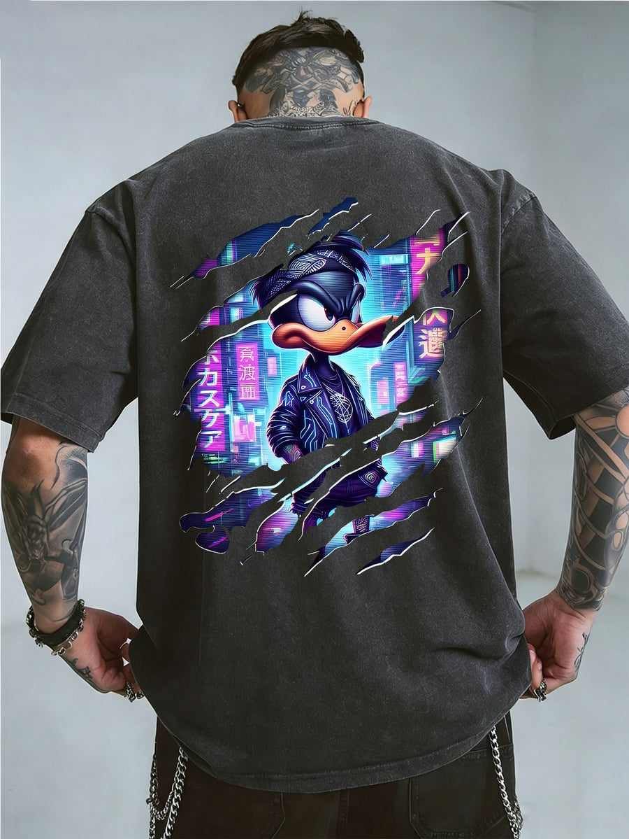 Warner Bros Official, 1pc, 100% Cotton Washed Vintage Distressed Short-Sleeve T-Shirt, American-Style Torn Paper Scratch Cyberpunk Cool Duck Streetwear Trend Top, Double-Sided Front and Back Print, Men's Casual Comfortable Versatile Loose Summer - Black