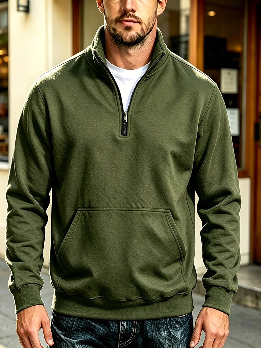 Josh Mei'S Selection of Henley Collar Shirts, Autumn And Winter Sweatshirts, Loose Casual Zip-Up Pullover Solid Color Stand Collar Fleece-Lined Solid Color Men'S Shirts - Olive Green
