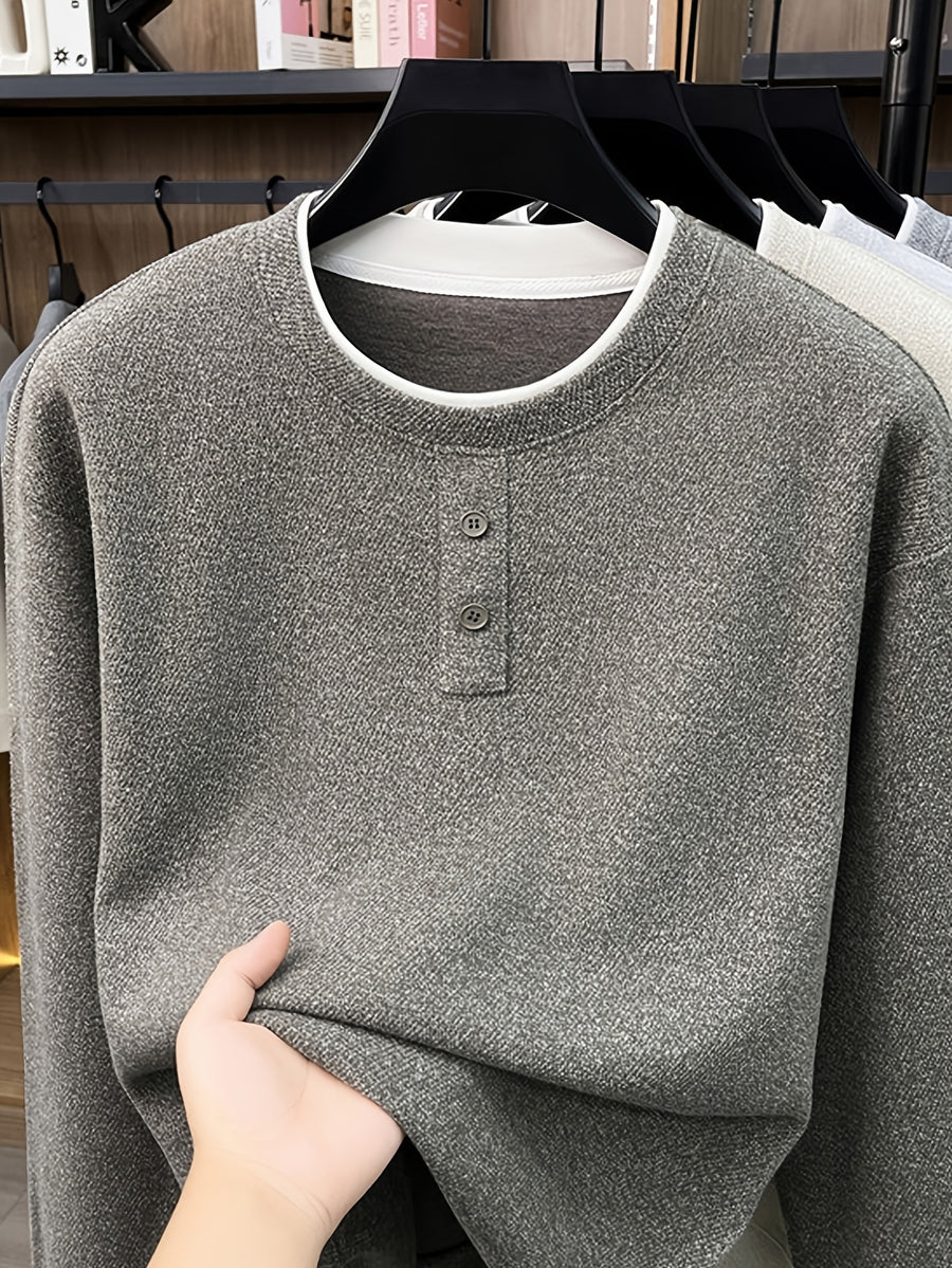 Men's Henry Collar 2-in-1 Look Knit Sweater, Simple Old Money Style, Suitable for Both Business and Casual Wear, Pairs Well with Dress Pants, Casual Pants, and Jeans - SINBOS - Coffee Color