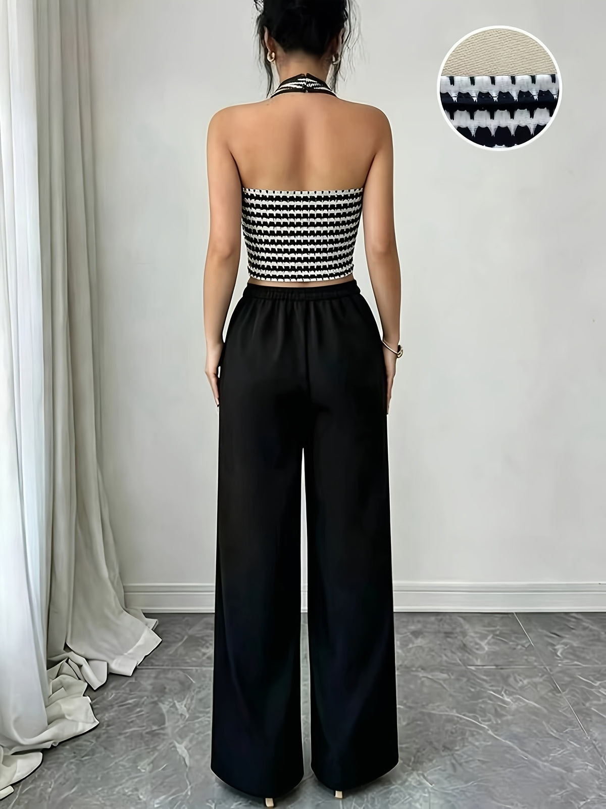 Women'S Houndstooth Printed Color-Block Fashion Sleeveless Vest, Tie-Neck Backless Design Top - Mixed colors