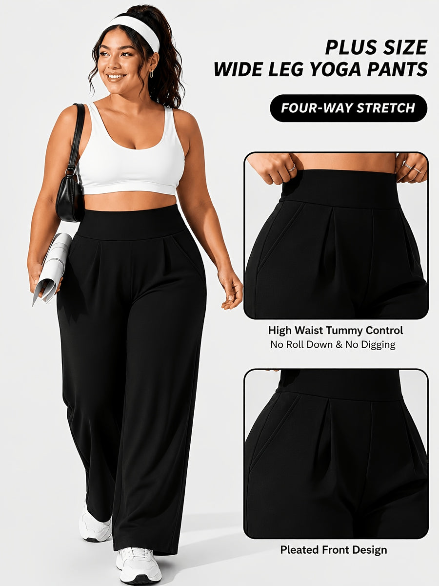 Plus Size Women'S High-Waist Wide-Leg for yoga Pants 0XL-4XL Tummy Control Non-Roll Non-Digging Front Pleated Deep Side Pockets Double-Sided Super Soft 4-Way Stretch Casual Sports Trousers for Yoga Gym Outdoor Work All Seasons - Black