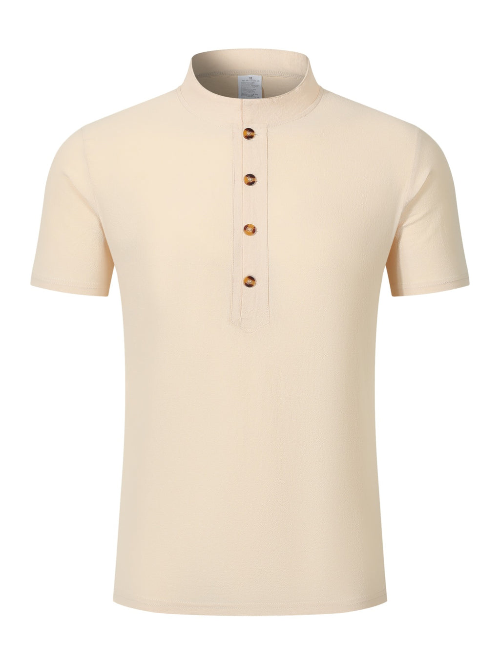 Men's Mountain Graphic Short Sleeve Henley Shirt, Mandarin Collar Half Placket Button Casual T-Shirt, Lightweight And Linen Blend Texture Summer Beach Tops - Khaki