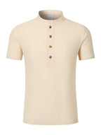 Men's Mountain Graphic Short Sleeve Henley Shirt, Mandarin Collar Half Placket Button Casual T-Shirt, Lightweight And Linen Blend Texture Summer Beach Tops - Khaki
