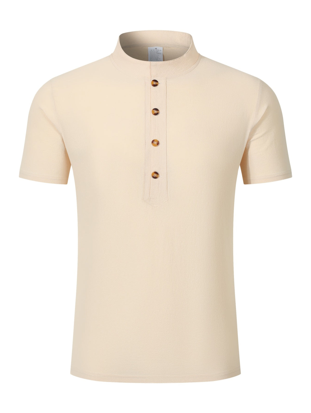 Men's Mountain Graphic Short Sleeve Henley Shirt, Mandarin Collar Half Placket Button Casual T-Shirt, Lightweight And Linen Blend Texture Summer Beach Tops - Khaki