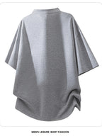 Men'S Summer Striped Half-Zipper Short Sleeve T-Shirt Trendy Brand Loose Casual Breathable Short Sleeve Top - Light Grey