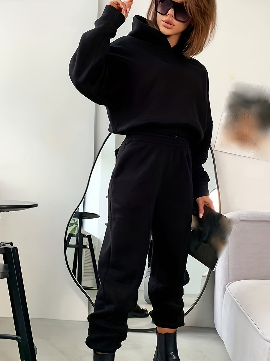 Women's Autumn/Winter New Hooded Sweatshirt Solid Color Set - Black