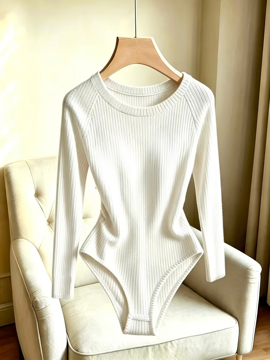 Women'S 3pcs Round Neck Off-Shoulder Long Sleeve Bodysuit, Multicolor Vertical Ribbed Elastic Snug Fit with Snap Closure at Crotch, All-In-One Base Layer for Spring/Fall Commute, Date, Suit Coat Inner Wear, Casual Attire, Anti-Rolling Edge - White/Apricot/Black