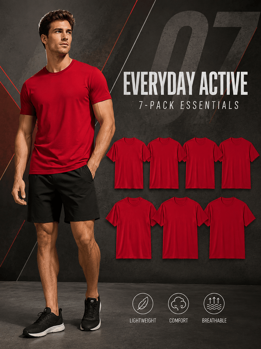 7pcs Men's Short-sleeved T-shirts, Basic Solid-colored Tops, Lightweight, Breathable, and Comfortable Round-neck T-shirts, Suitable for Daily Casual Wear, Work, and as Gifts - Red 7 Pack