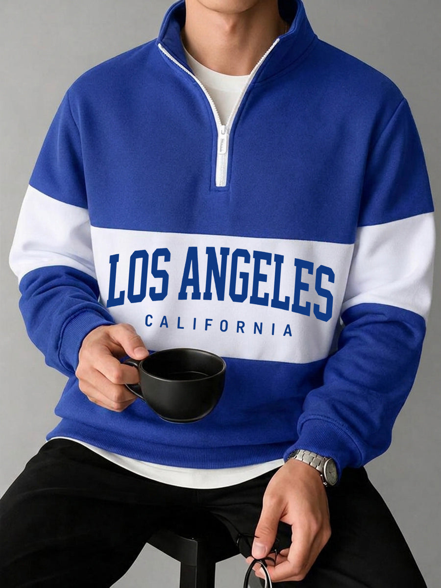 Retro American Stand-Collar Zipper Men'S Sweatshirt, Color-Block Letter Print, Thick Knit Fleece Fabric Soft And Skin-Friendly, Suitable for Daily Outings, Campus Wear, All-Season Wear, Casual Long-Sleeve Sweatshirt - Blue And White