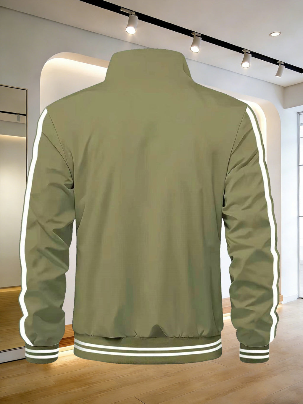 Men's Spring/Autumn Stand Collar Baseball Jacket with "BLACK" Lettering and Diamond Pattern Print, Zipper Front with Contrast Stripes, Lightweight Casual Windproof Sports Jacket - fern green