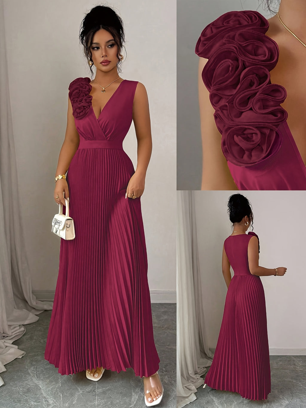 Red Floral Pleated Maxi Dress with V-neck Design, Cinched Waist, Floral Appliqué Details, and A-line Silhouette, Suitable for Weddings, Dates, and Evening Parties - Burgundy