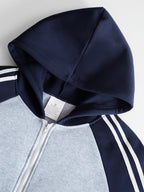 Men's Gray Navy Blue Raglan Colorblock Hooded Zip-Up Sweatshirt, Featuring Dual White Contrast Stripes on the Sleeves, Full Zipper Closure with Drawstring Hood and Front Kangaroo Pocket, Ribbed Cuffs and Hem, Loose Drop-shoulder Casual Cardigan Top. - Polychrome