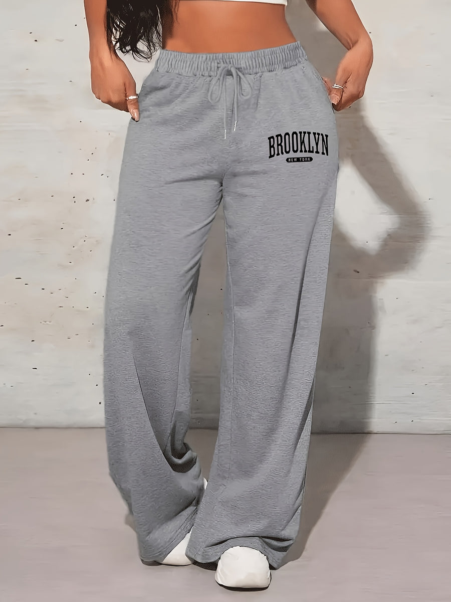 BROOKLYN NEW YORK Printed Belted Pants, Casual Long Jogging Pants with Pockets for Spring, Summer, Autumn, Women'S Wear - Grey