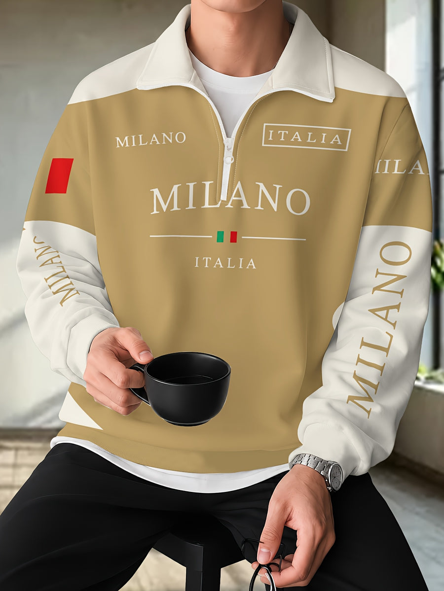 Men'S Half-Zip Lapel Sweatshirt Fashion Letter Print Casual Pullover Trendy Color-Block Patchwork Spring/Autumn Athletic Top Winter Clothes for Men - Mixed Color 3