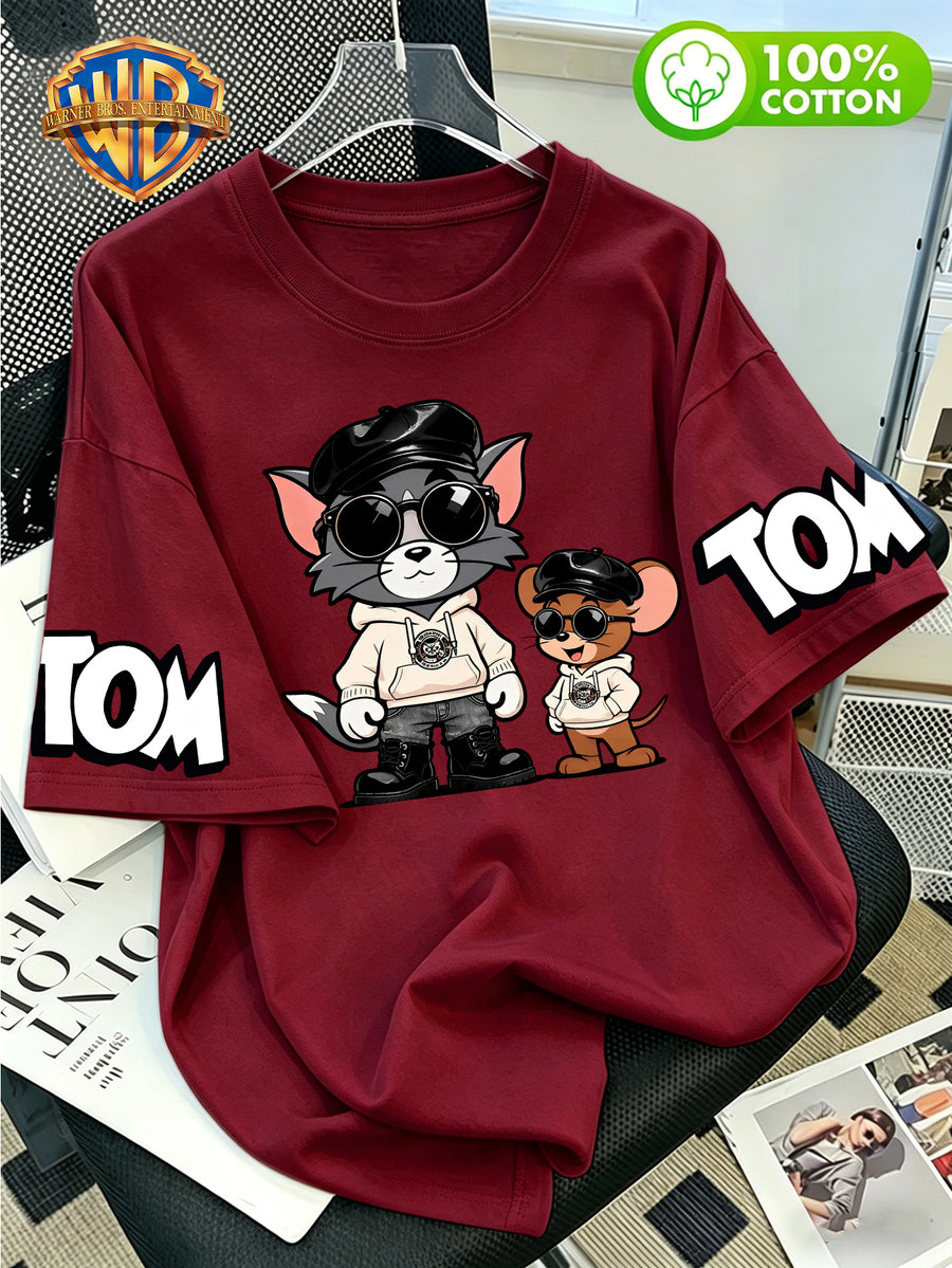 Warner Bros. Official Cartoon Print Crew Neck 100% Cotton T-Shirt, a Versatile and Fashionable Crew Neck Top for Men. Made from 100% Pure Cotton Fabric, It Offers Casual Comfort and a Relaxed Fit. This Short-sleeve T-shirt Is Perfect for Daily Summer - Burgundy