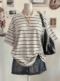 Women'S Retro Striped Round Neck Short Sleeve T-Shirt, Casual Athletic Fashion Statement Top - Mixed colors