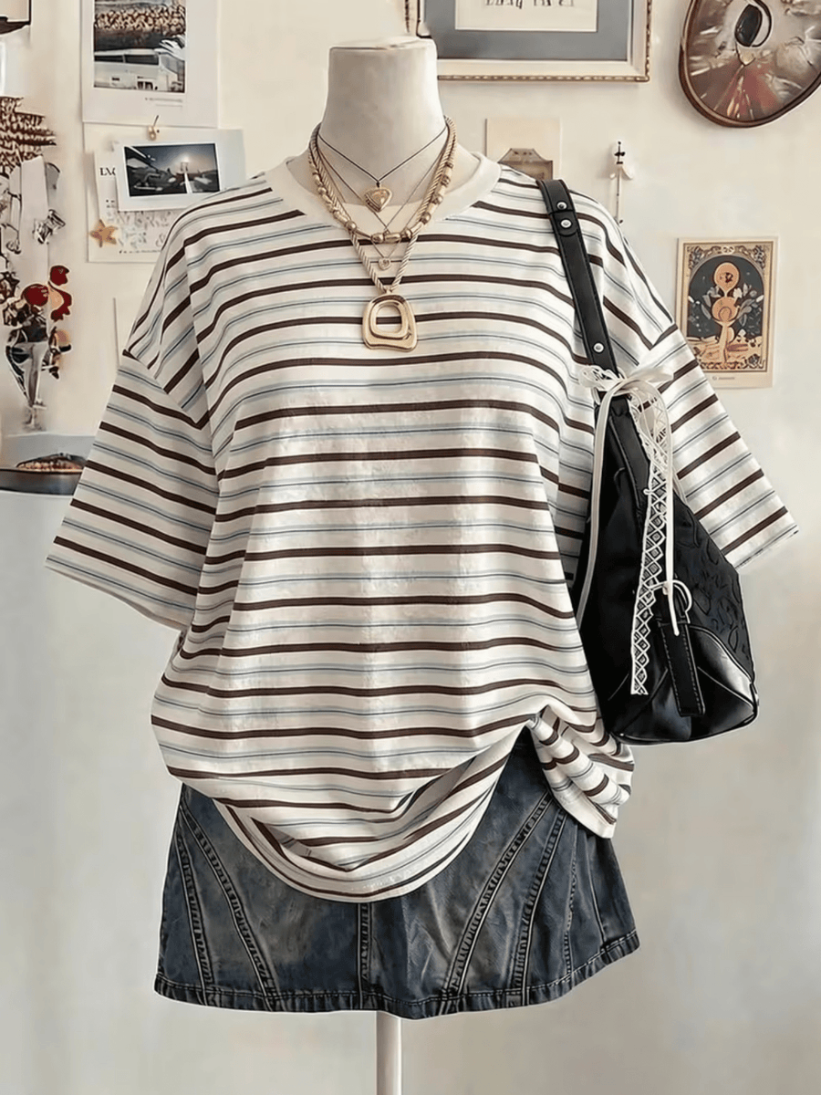 Women'S Retro Striped Round Neck Short Sleeve T-Shirt, Casual Athletic Fashion Statement Top - Mixed colors