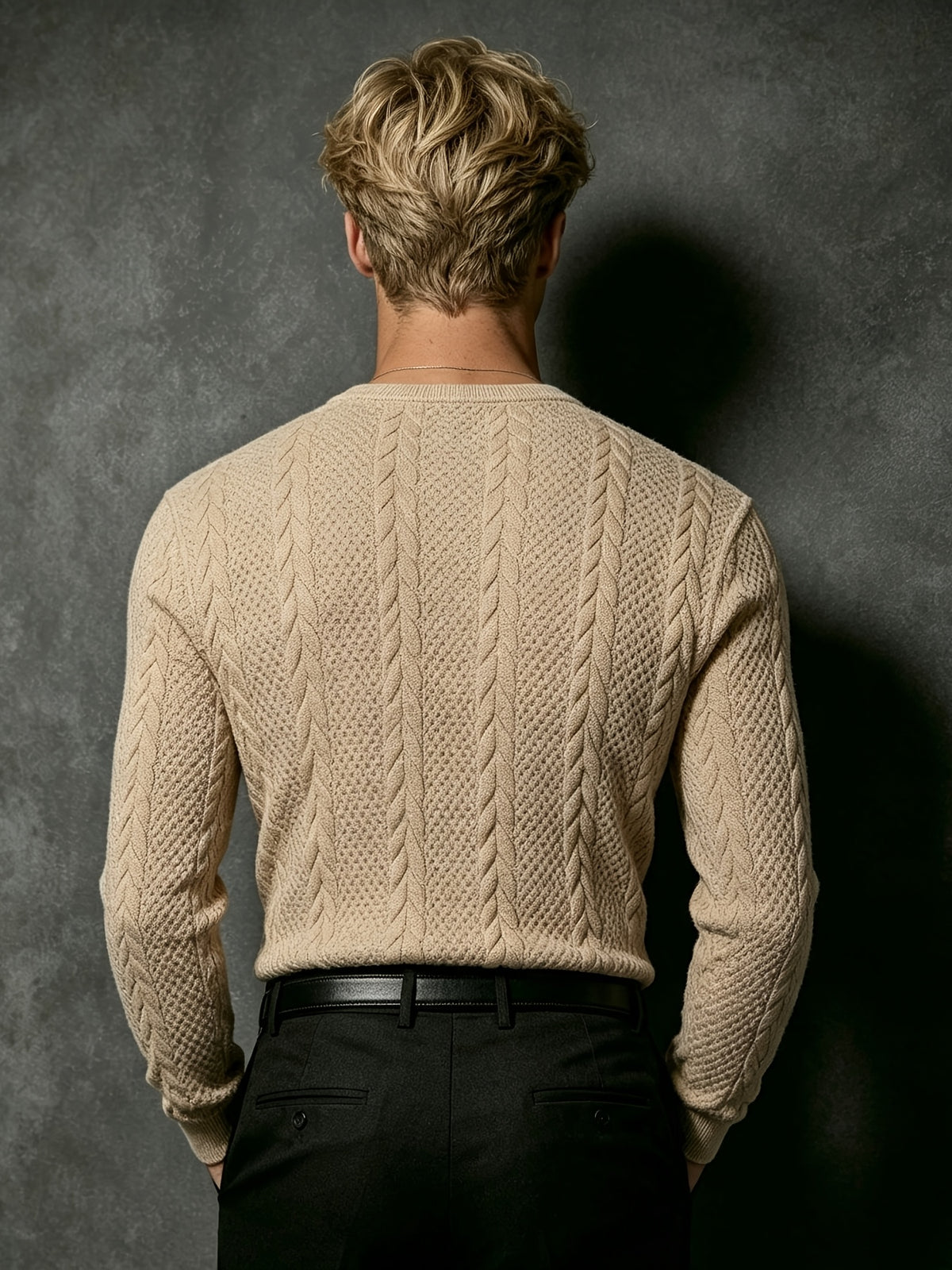 Autumn Men'S White Textured Henley Top, Half-Buttoned Jacquard Long Sleeve Knit Pullover, Korean Style Clean Fit for Men, Slight Stretch Regular Fit, Outdoor And Office Versatile Top - Khaki